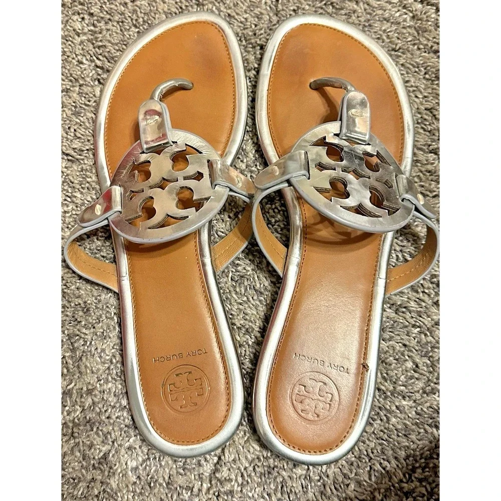 Tory Burch Miller Metallic Silver Leather Sandals - Approx size 7 (10" long) - Picture 2 of 14